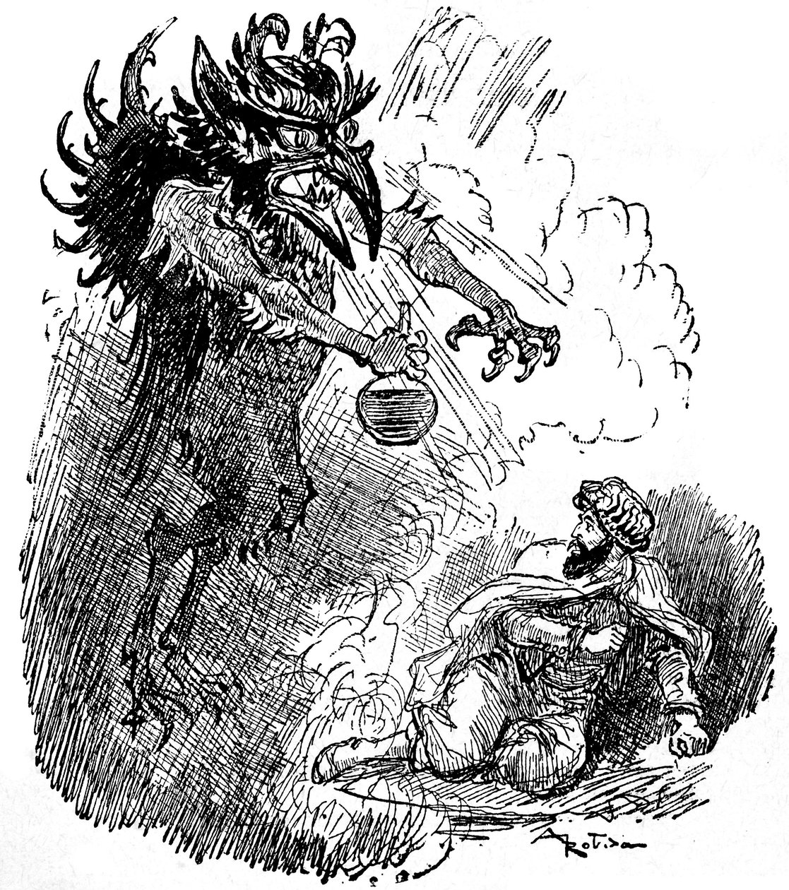 阿尔伯特-罗比达（1848-1926 年）为一个阿拉伯传说（1001 夜）（《一千零一夜的故事》）绘制的插图：一个可怕的恶魔（邪恶的精灵）向一个人赠送一瓶酒。 作者 阿尔伯特·罗比达
