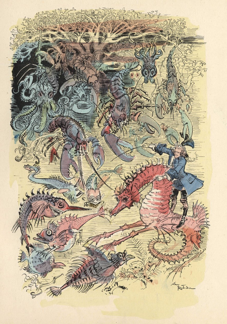 阿尔伯特-罗比达在《蒙乔生男爵的历史与冒险》（Munchhausen）中的插图，H. Laurens编辑，19世纪末。" 作者 阿尔伯特·罗比达