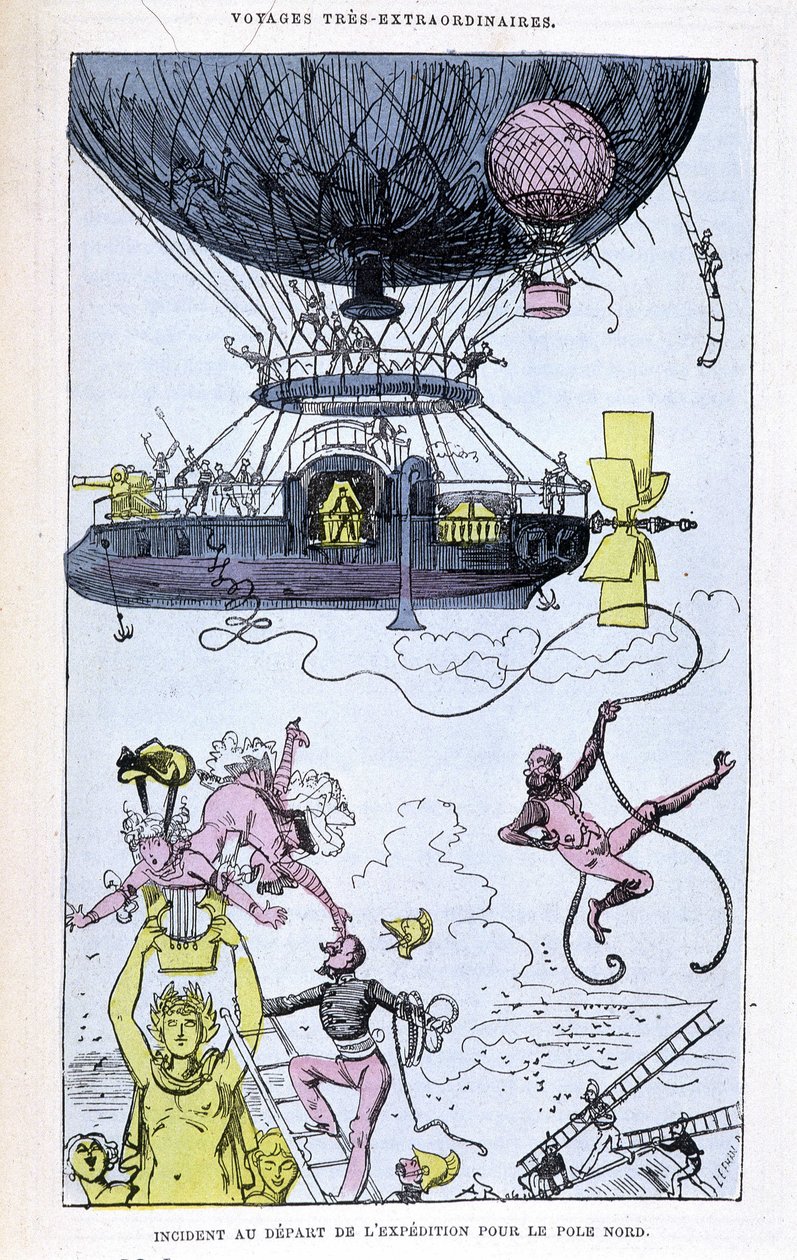 探险队启程前往北极时发生的事件（浮空器和古怪的场景），模仿儒勒·凡尔纳，“” Saturnin Farandoul 在世界 5 或 6 个地区以及在先生所知或不知道的所有国家中非常不寻常的旅行。 儒勒·凡尔纳” 作者 阿尔伯特·罗比达
