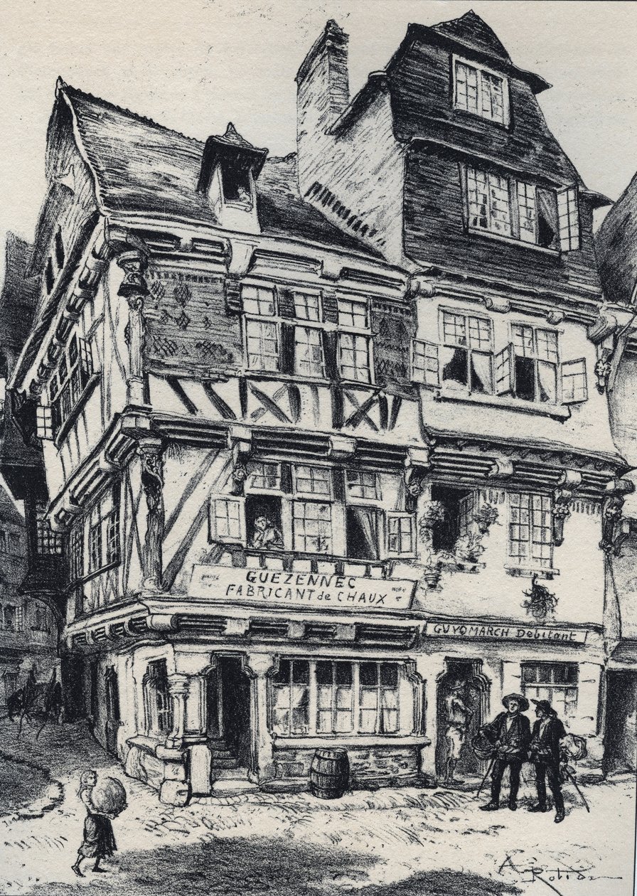 La venelle aux pastes in Morlaix - La vieille France - La Bretagne - 文本、图画和石版画，作者Albert Robida (1848-1926)，无日期 19世纪末 作者 阿尔伯特·罗比达