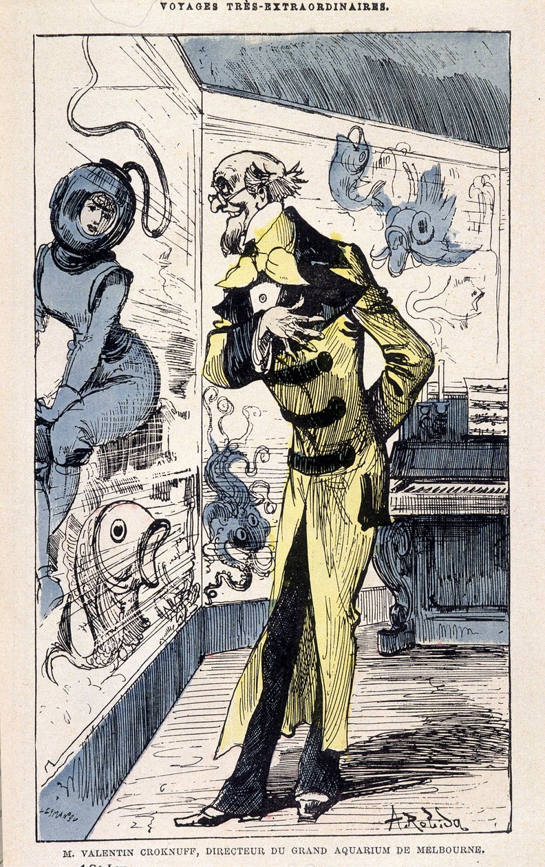 Mr. Valentin Croknuff, director of the great aquarium of Melbourne, parody of Jules Verne, “” Very extraordinary travels of Saturnin Farandoul to 5 or 6 parts of the world and to all countries known or unknown to Mr. Jules Verne” by Robida, Paris 作者 阿尔伯特·罗比达