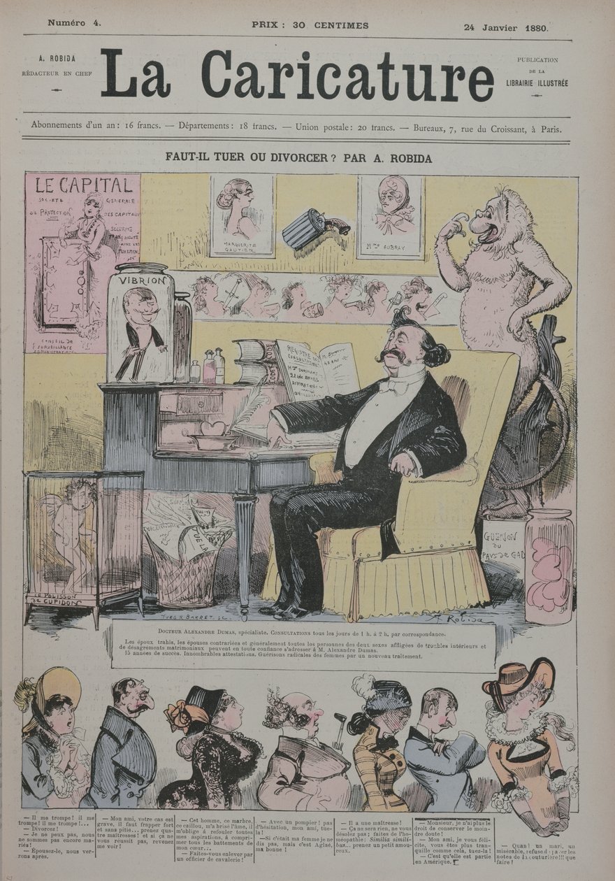 谋杀或离婚，&39;La Caricature&39;封面描绘亚历山大·杜马斯·菲尔斯（1824-95）作为婚姻戏剧的“专家”，1880年1月1日 作者 阿尔伯特·罗比达