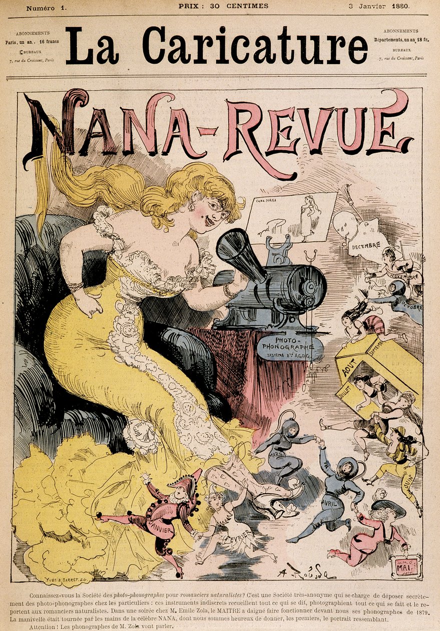 Nana-Revue：罗比达创作的关于左拉和她的作品“娜娜”的漫画 - 来自 1880 年 3 月 1 日的“漫画漫画”” 作者 阿尔伯特·罗比达