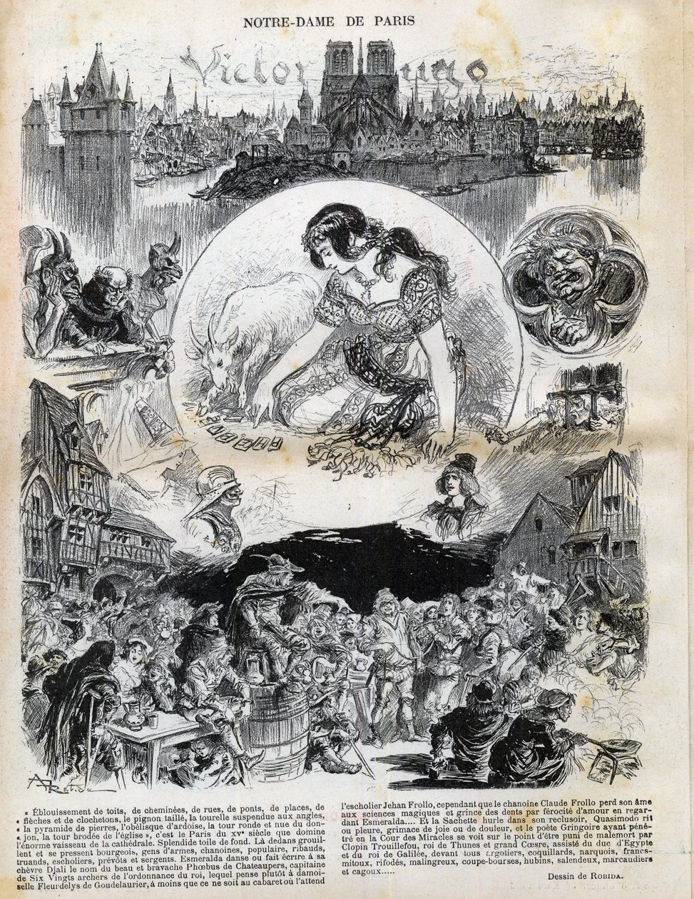 维克多-雨果（1802-1885）的《巴黎圣母院》（Notre-Dame de Paris）由阿尔伯特-罗比达（1848-1926）在1902年的 "Le rire "中绘制。 作者 阿尔伯特·罗比达