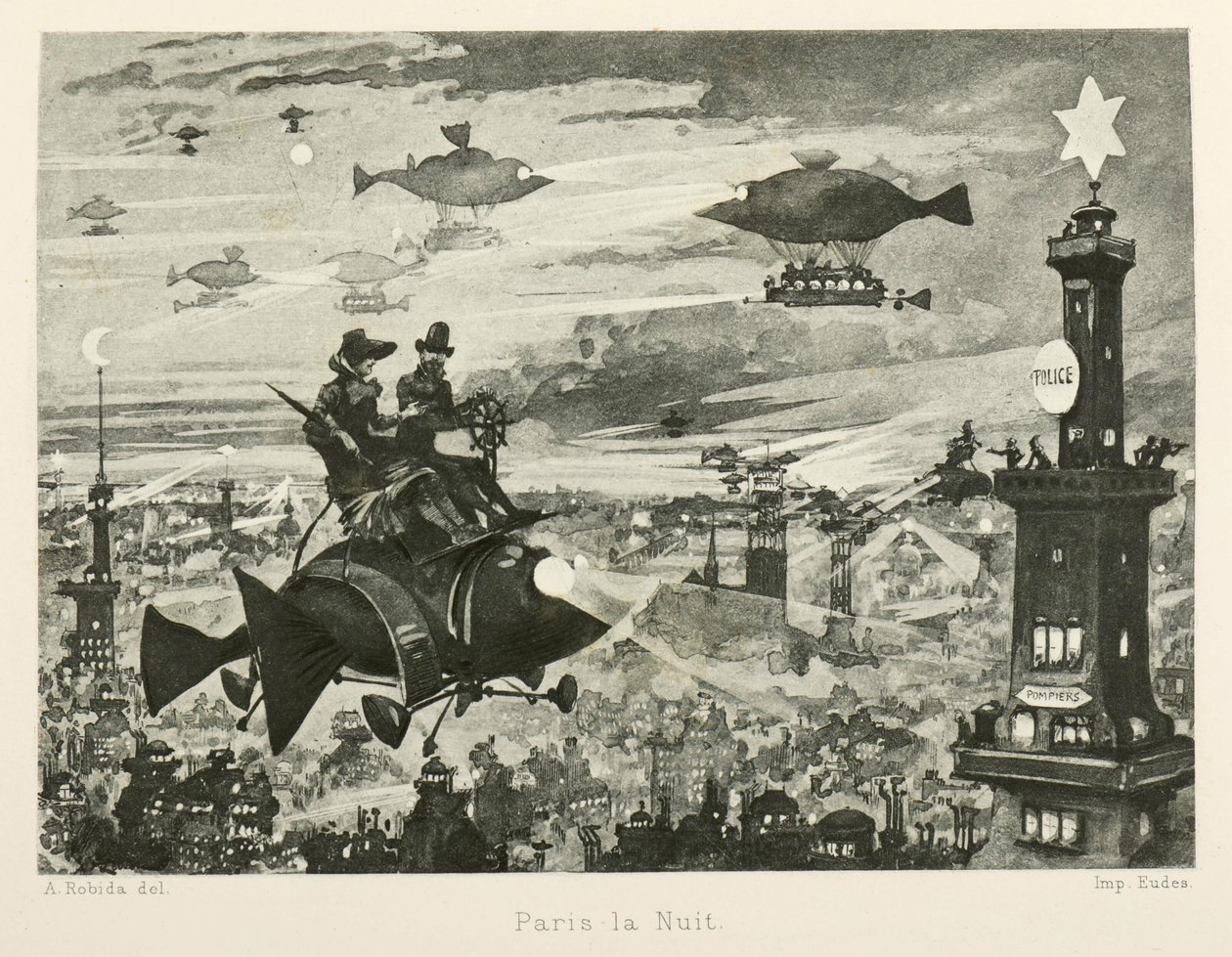 二十世纪的巴黎夜景，1880年。 作者 阿尔伯特·罗比达