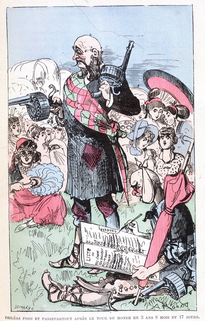 Philéas Fogg 和 Passepartout 在 3 年零 8 个月零 17 天的世界巡回演出后，模仿儒勒·凡尔纳，“” Saturnin Farandoul 在世界 5 或 6 个地区以及在先生已知或未知的所有国家中的非常非凡的旅行。 儒勒·凡尔纳”” by 作者 阿尔伯特·罗比达