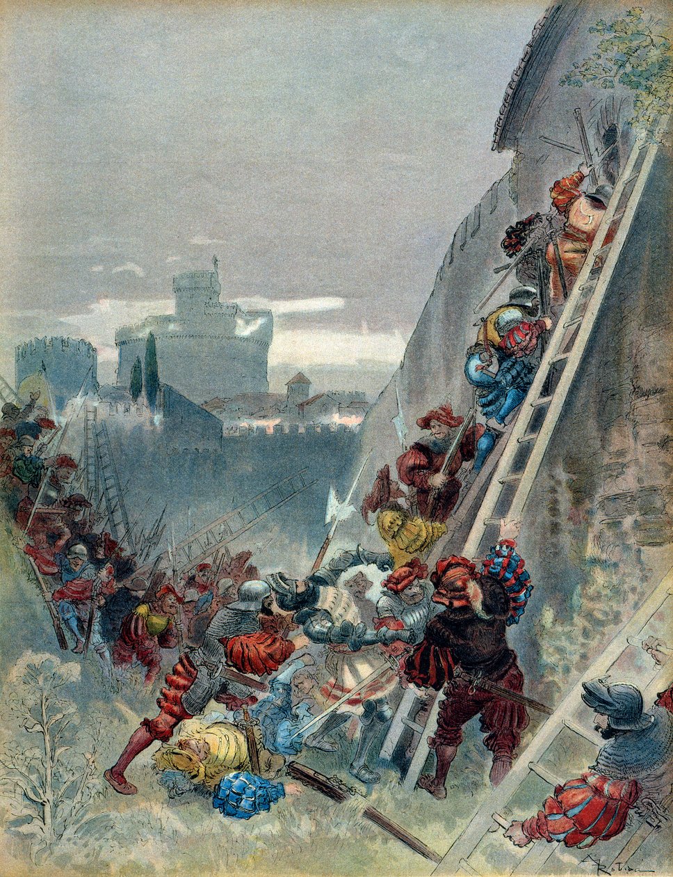 第七次意大利战争（1526-1529）：波旁的查理三世（1490-1527）于 1527 年 5 月 6 日在罗马围城战中阵亡。插图 作者 阿尔伯特·罗比达