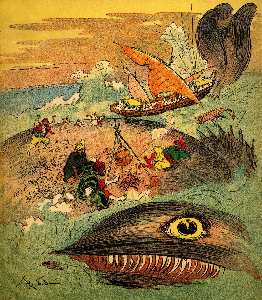 水手辛巴达 (Sinbad) - 一千零一夜的故事 (1001) - 1948 年讲述他的冒险经历的书（福廷版，童年收藏的精彩想象） - 阿尔伯特·罗比达 (Albert Robida) 插图 (1848 - 1926)：辛巴达和他的同伴们 失败的 作者 阿尔伯特·罗比达