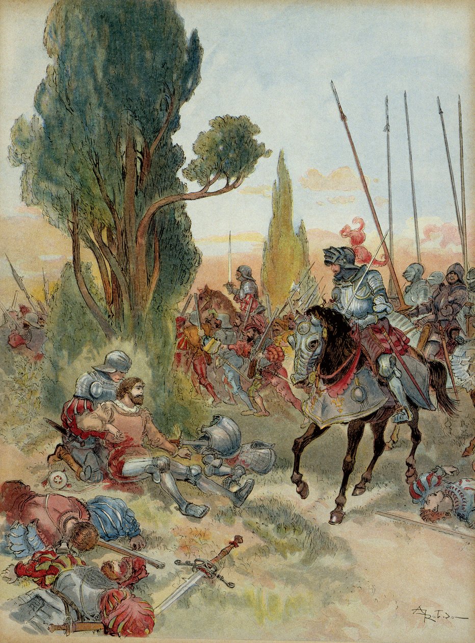 第六次意大利战争（1521-1526）：Pierre Terrail de Bayard（1476-1524）在 1524 年在 Rebec（意大利）的一次火绳枪袭击中受伤，与他面对面的是 Charles de Montpensier . 插图 作者 阿尔伯特·罗比达