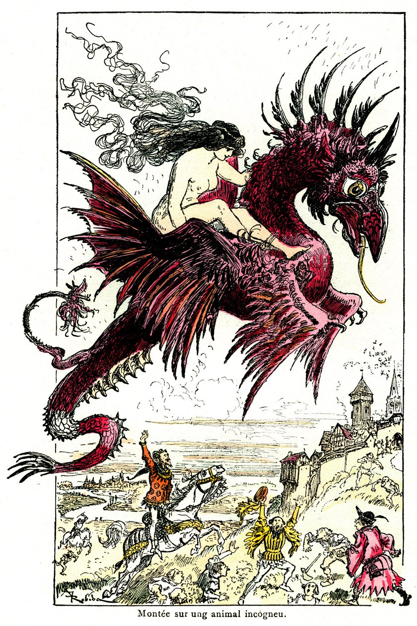 魅魔：骑着龙的女恶魔（女人 - 女性） - 由阿尔伯特·罗比达为奥诺雷·德·巴尔扎克的《Droatic Tales》绘制的插图 - 二十世纪初 作者 阿尔伯特·罗比达