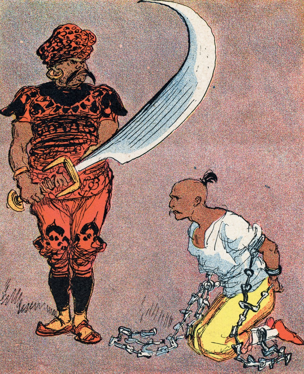 苏丹下令砍下阿拉丁的头 艾伯特-罗比达（1848-1926 年）为《一千零一夜》（les mille et une nuits）中的故事 "阿拉丁和神灯 "绘制的插图（《一千零一夜》或《阿拉伯人》中的故事 "阿拉丁 "的插图 作者 阿尔伯特·罗比达