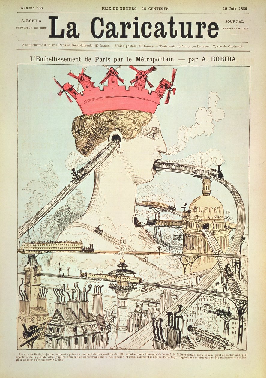 1886年6月19日，来自&39;La Caricature&39;的地铁对巴黎的改善（彩色光刻） 作者 阿尔伯特·罗比达