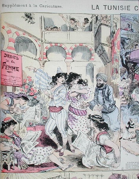 突尼斯的 "妇女权利"，来自《漫画》的漫画，1883年（彩色平印）。 作者 阿尔伯特·罗比达