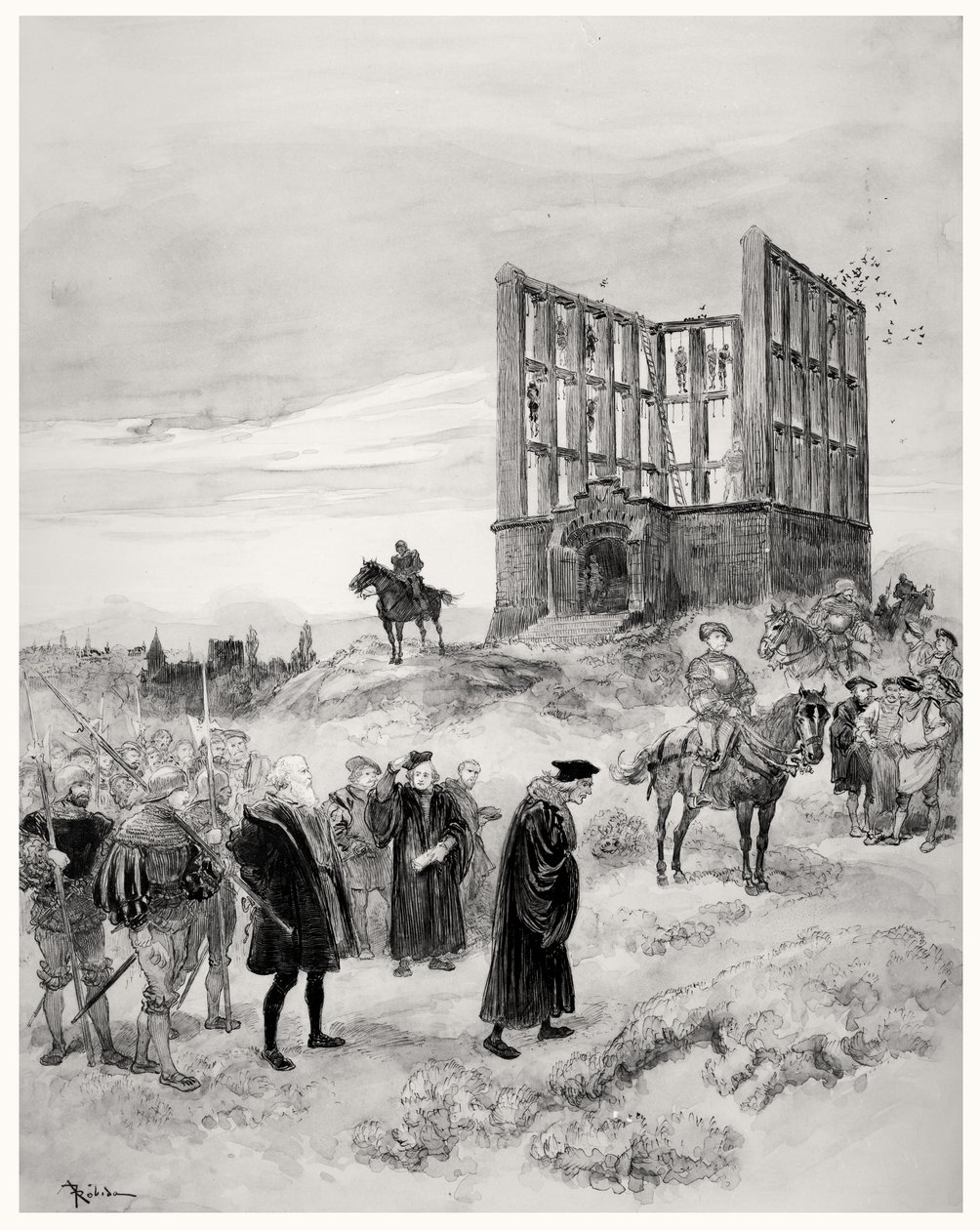 上司雅克·德兰布兰凯（约1445-1527）被判处死刑，上诉到Montfaucon Gibbet，1909年（纸上写着） 作者 阿尔伯特·罗比达