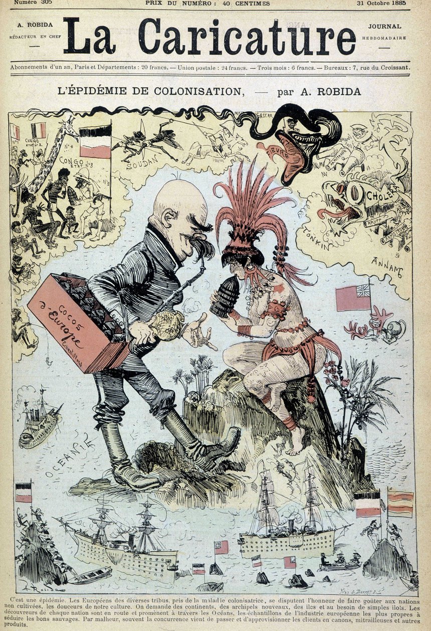 殖民化的流行：罗比达的反殖民主义绘画--载于1885年10月31日的《漫画》中 作者 阿尔伯特·罗比达