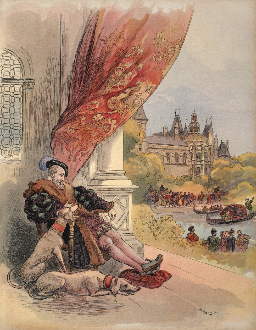 弗朗西斯一世的最后日子，插图来自《弗朗索瓦一世。Le Roi Chevalier，乔治-G-图杜兹著，1909年出版。1909年（彩色平版印刷）。 作者 阿尔伯特·罗比达
