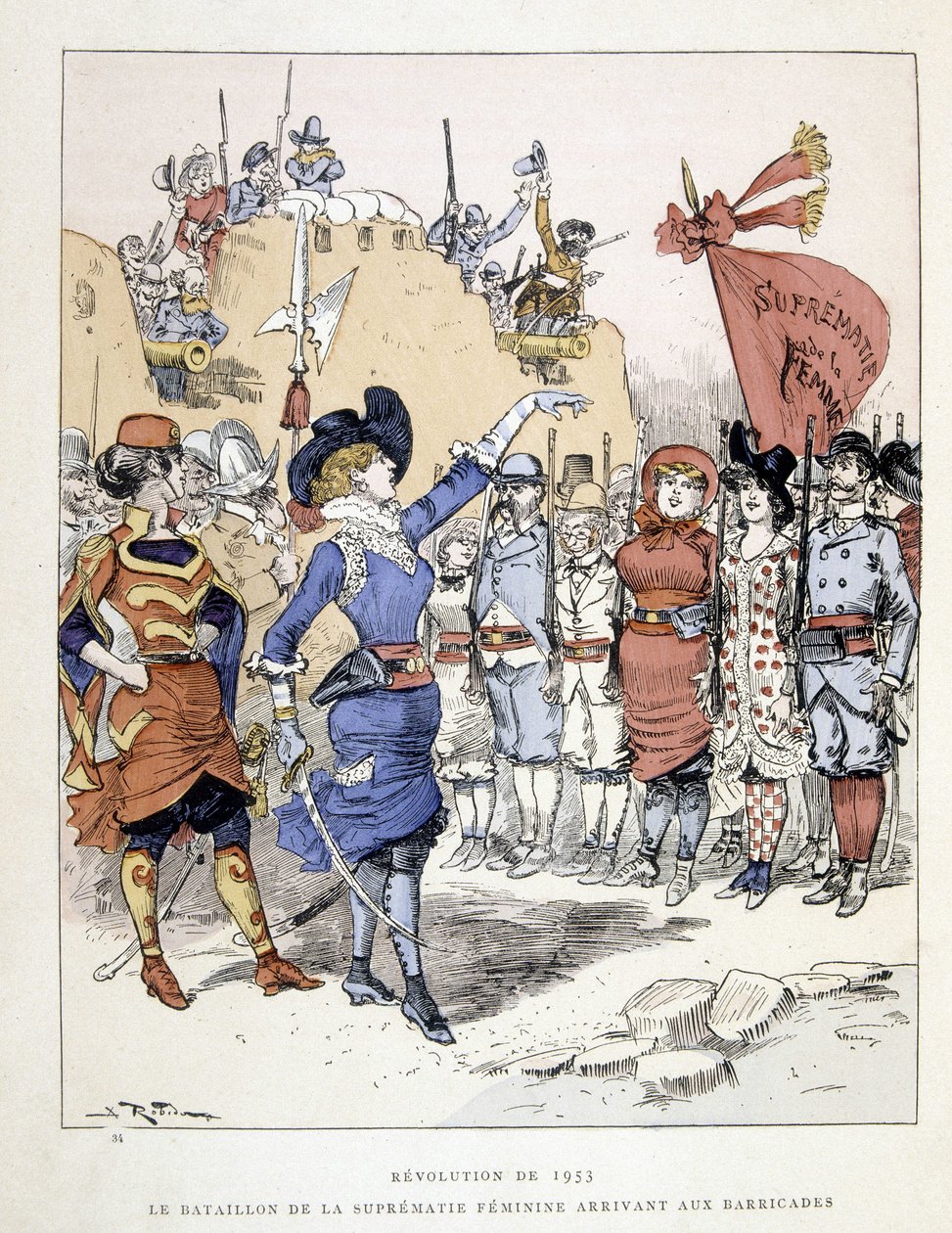 The revolution of 1953: the battalion of female supremacy arriving at the barricades - in “The 20th century”” by Robida 作者 阿尔伯特·罗比达