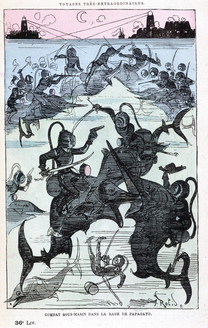 帕帕加约湾的水下战斗（船长骑鱼），模仿儒勒·凡尔纳，““土星法兰杜尔在世界 5 或 6 个地区以及儒勒·凡尔纳先生已知或未知的所有国家中非常不寻常的旅行”，罗比达， 巴黎 作者 阿尔伯特·罗比达