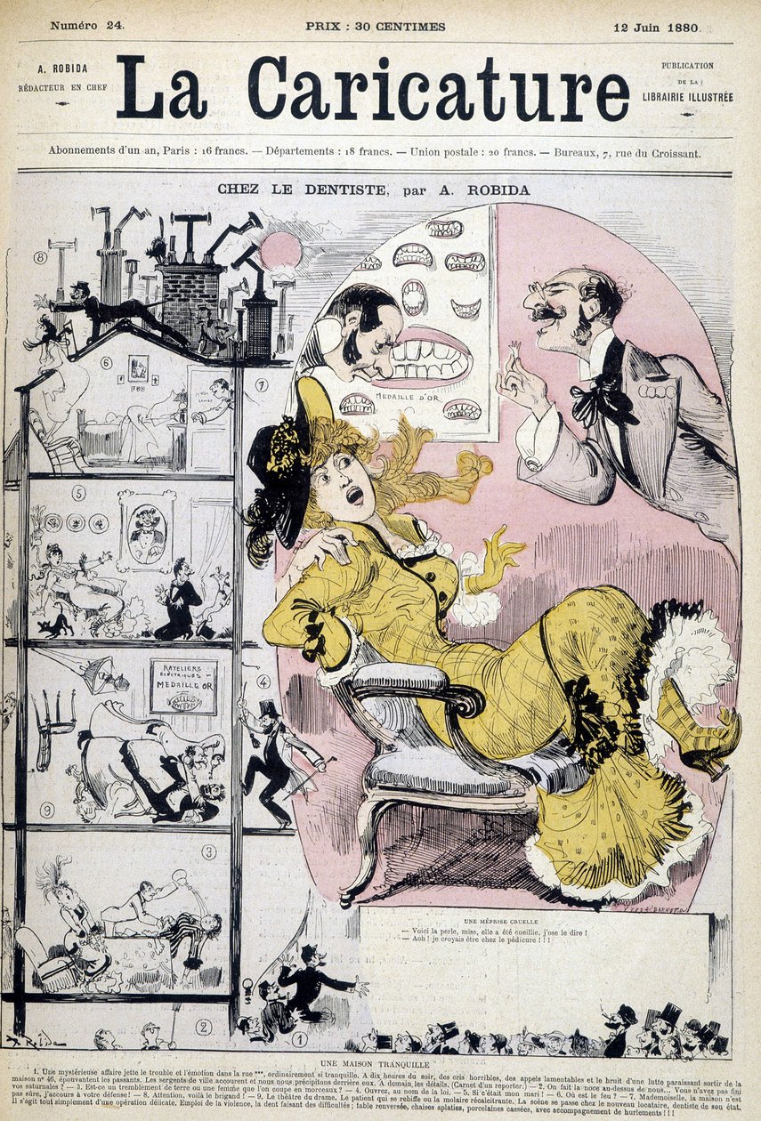 看牙医的女人 - 罗比达 (Robida)，在 1880 年 6 月 12 日的“漫画漫画”中。 作者 阿尔伯特·罗比达