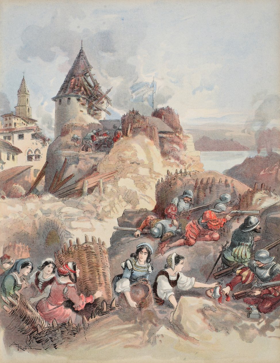 围攻马赛的妇女，插图来自《弗朗索瓦-伊尔。Le Roi Chevalier，乔治-G-图杜兹著，1909年出版。1909年（彩色平版印刷）。 作者 阿尔伯特·罗比达
