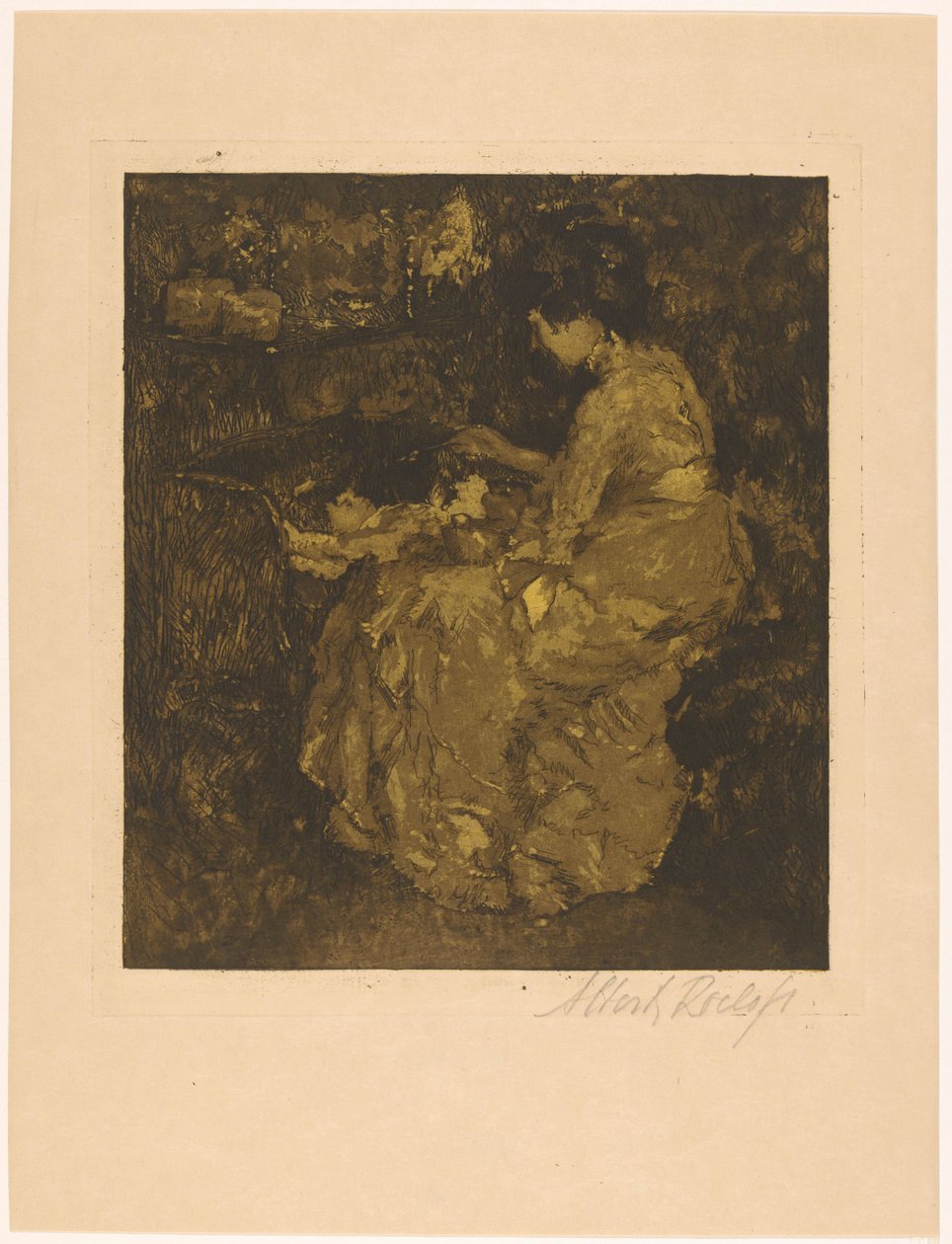 妇女用摇篮粥喂孩子 作者 Albert Roelofs（艺术家签名）