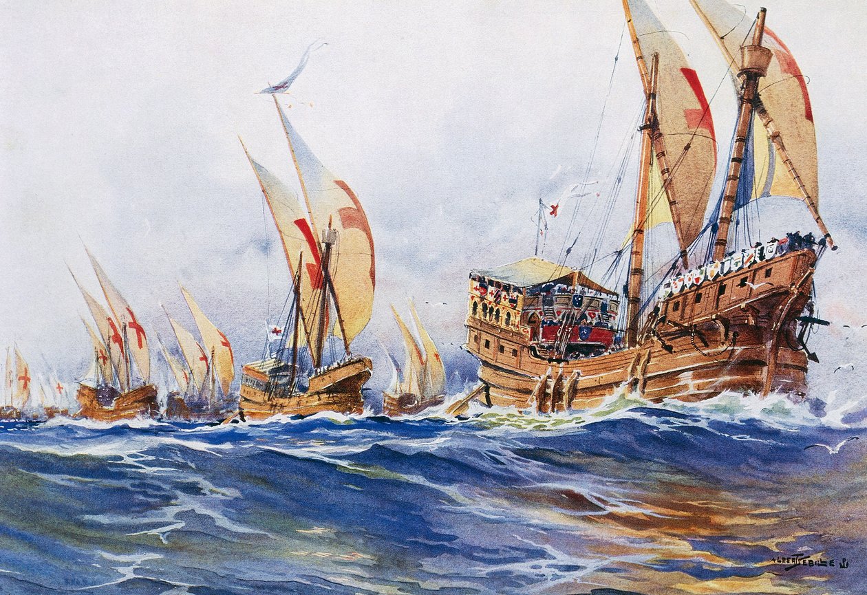 1268 年第八次十字军东征时路易九世国王的法国船只，阿尔贝-塞比耶（1874-1953 年）的水彩画 作者 阿尔伯特·塞比尔