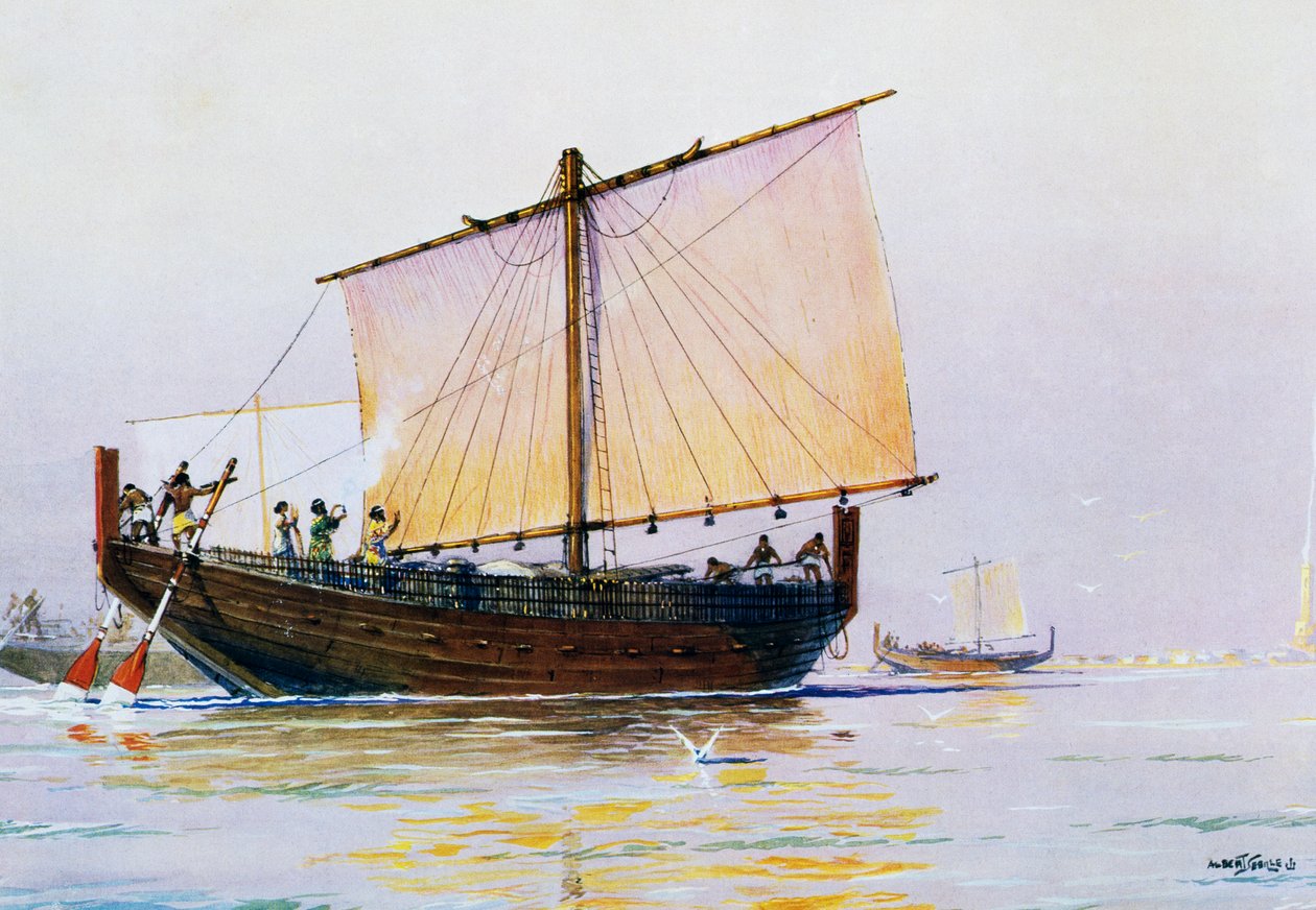 抵达法罗斯的腓尼基商船，阿尔伯特-塞比勒（1874-1953 年）的水彩画，20 世纪 作者 阿尔伯特·塞比尔