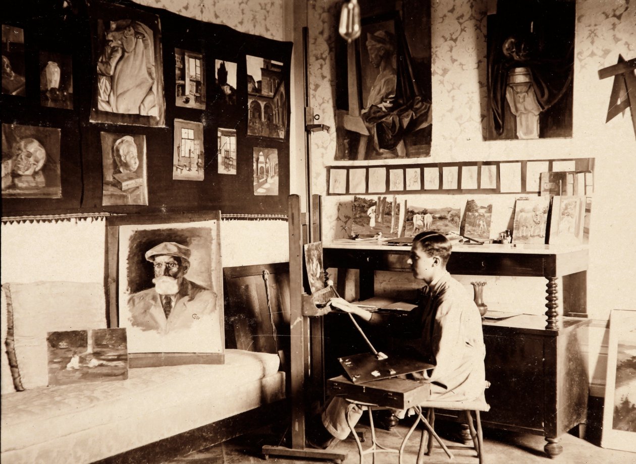 艺术家Guglielmo Ghini在他的工作室，Ponte a Vingone, Scandicci, Florence, 09/1920 (b/w photo) 作者 阿尔贝托·费里（Alberto Fierli）