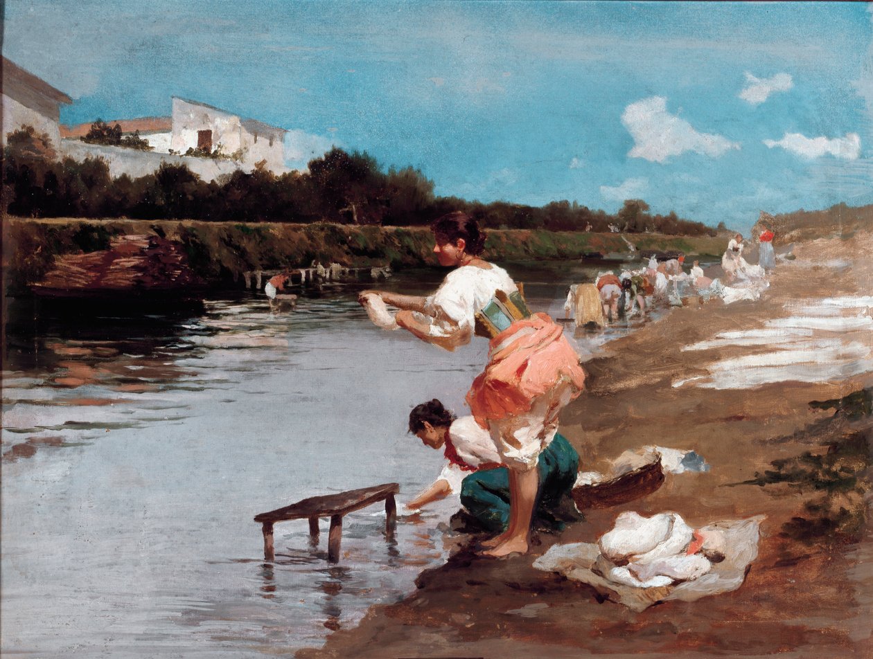 Laundresses on the river (oil on canvas 作者 阿尔贝托·伊塞尔（Alberto Issel）