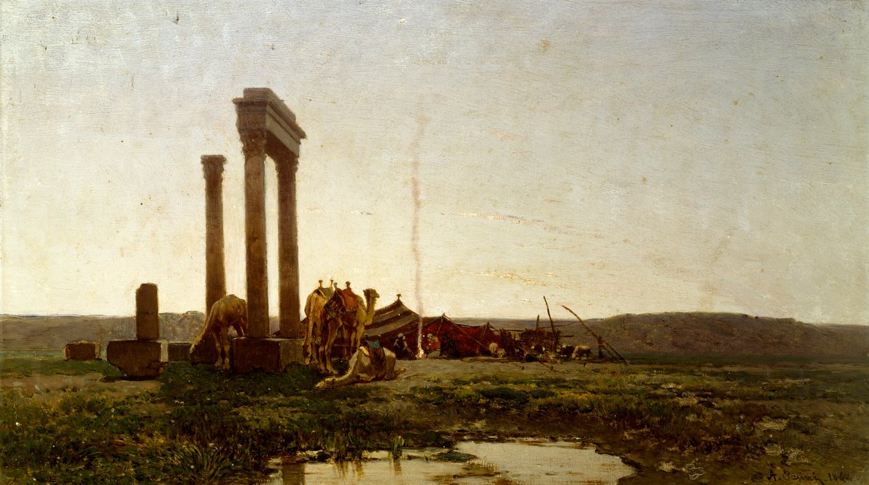 沙漠中的古典遗迹，阿尔贝托-帕西尼（1826-1899）的画作。 作者 阿尔贝托·帕西尼（Alberto Pasini）