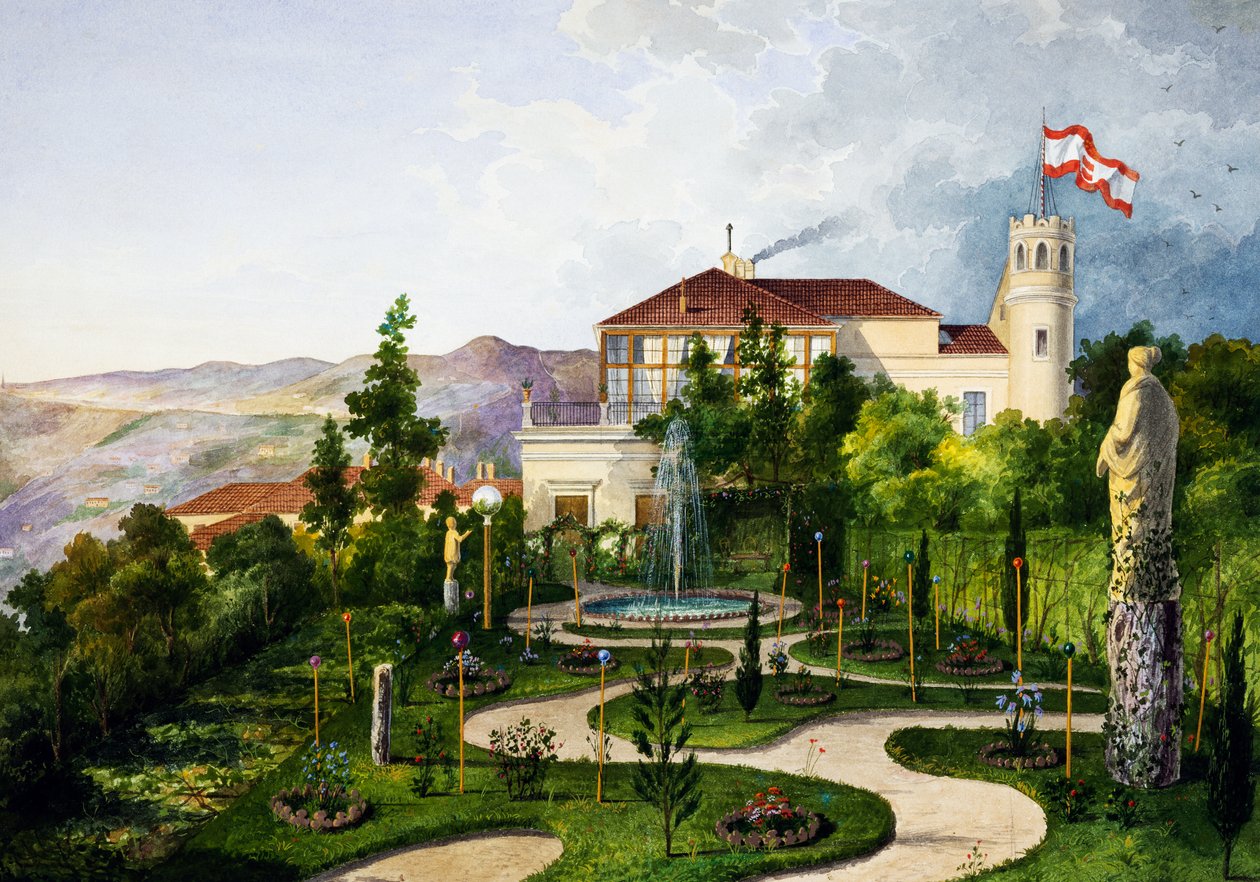 哈布斯堡的马克西米利安（1832-1867 年）的里雅斯特拉扎罗维奇别墅（Villa Lazzarovic）西南部带花园的外观 作者 Alberto Prosdocini 或 Prosdocimi