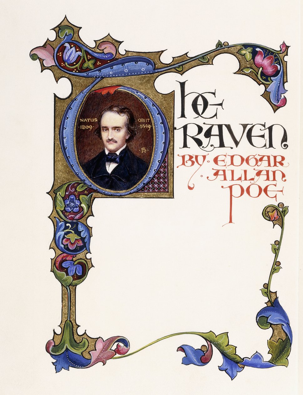 埃德加·艾伦·坡（Edgar Allan Poe）的《乌鸦》一书中的照明标题页，显示了艺术家的画像和历史悠久的首字母“ T” 作者 阿尔贝托·桑戈尔斯基