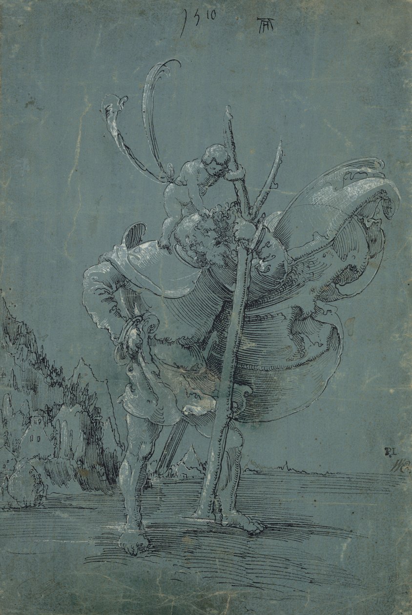 圣克里斯托弗，1510年（笔和黑色墨水与绿色蓝纸上的白色铅笔） 作者 阿尔布雷希特·阿尔特多夫（Albrecht Altdorfer）