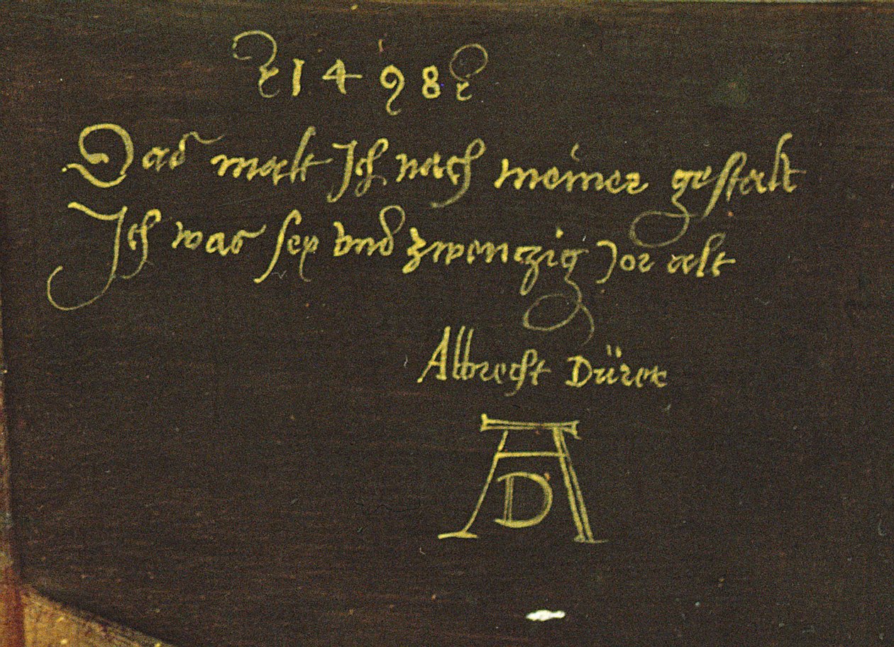 自画像与手套，签名细节，1498（细节545） 作者 阿尔布雷希特丢勒