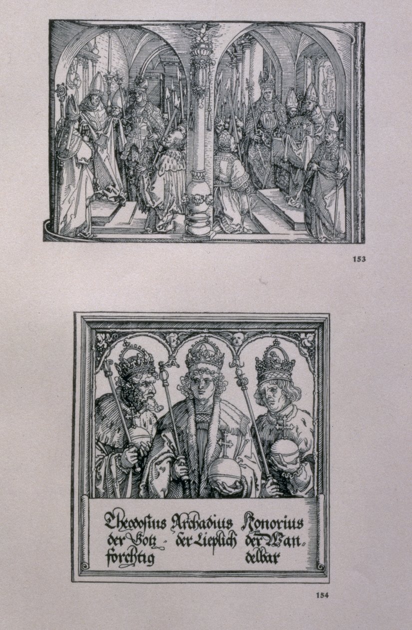皇帝马克西米利安一世的凯旋门（1459-1519）：细节展示了两个面板，（顶部）马克西米利安生活中的事件和（底部）罗马皇帝狄奥多西一世，大帝（c.346-395）和他的 作者 阿尔布雷希特丢勒