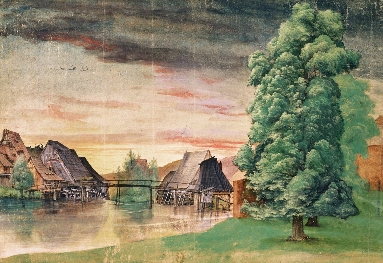 Watermill，1495-97（笔墨，水粉和纸上的卫生纸） 作者 阿尔布雷希特丢勒