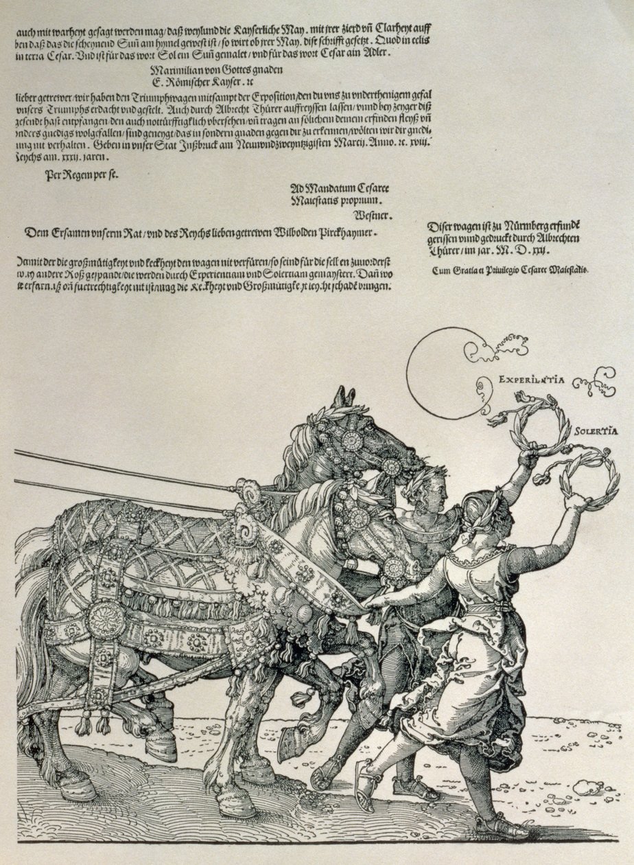 皇帝马克西米利安一世的凯旋战车，德国皇帝（1459-1519）：马队的细节，由两个美德，勤奋和奋进，酒吧引导。 c.1518 作者 阿尔布雷希特丢勒