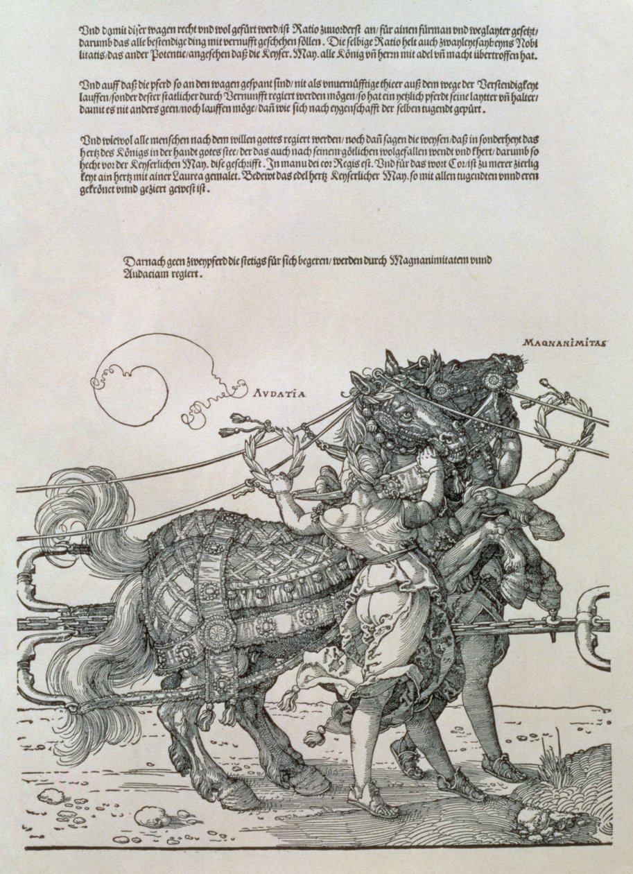 德国皇帝马克西米利安一世的凯旋战车（1459-1519）：马队的细节，以两种美德，慷慨和大胆为指导 作者 阿尔布雷希特丢勒