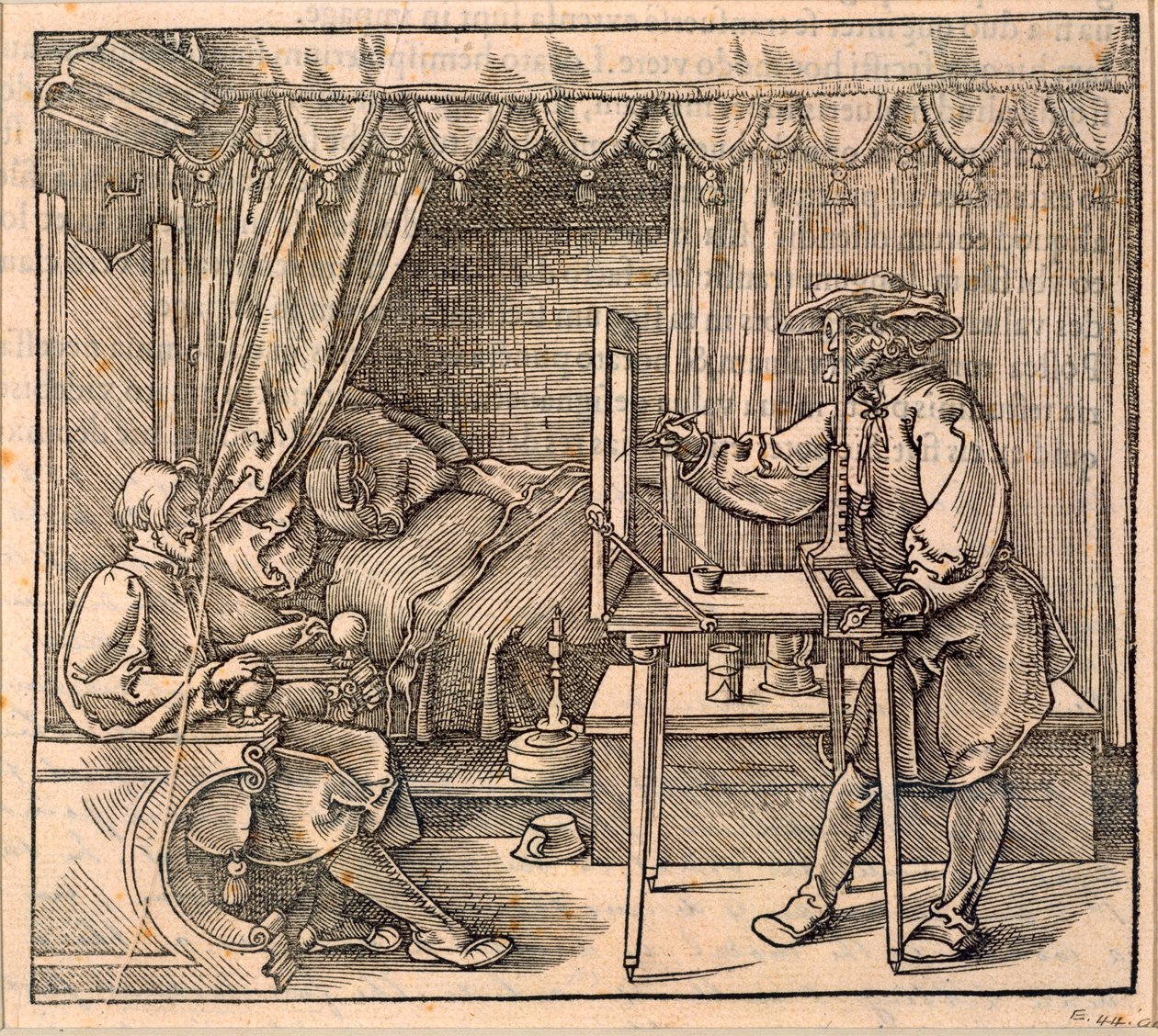 阿尔布雷希特·杜勒（Albrecht Durer）撰写的“绘画艺术课程”中的绘图工作人员使用透视设备绘制了一幅肖像画，并于1525年纽伦堡出版（另见2 作者 阿尔布雷希特丢勒