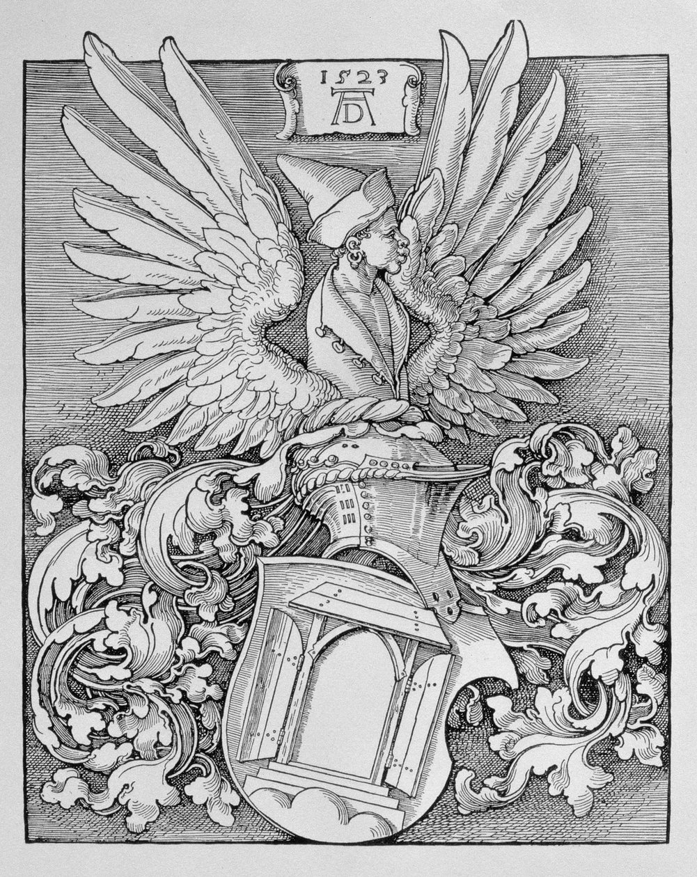 Durer家族的徽章，艺术家的会标和题字空间，1523年 作者 阿尔布雷希特丢勒