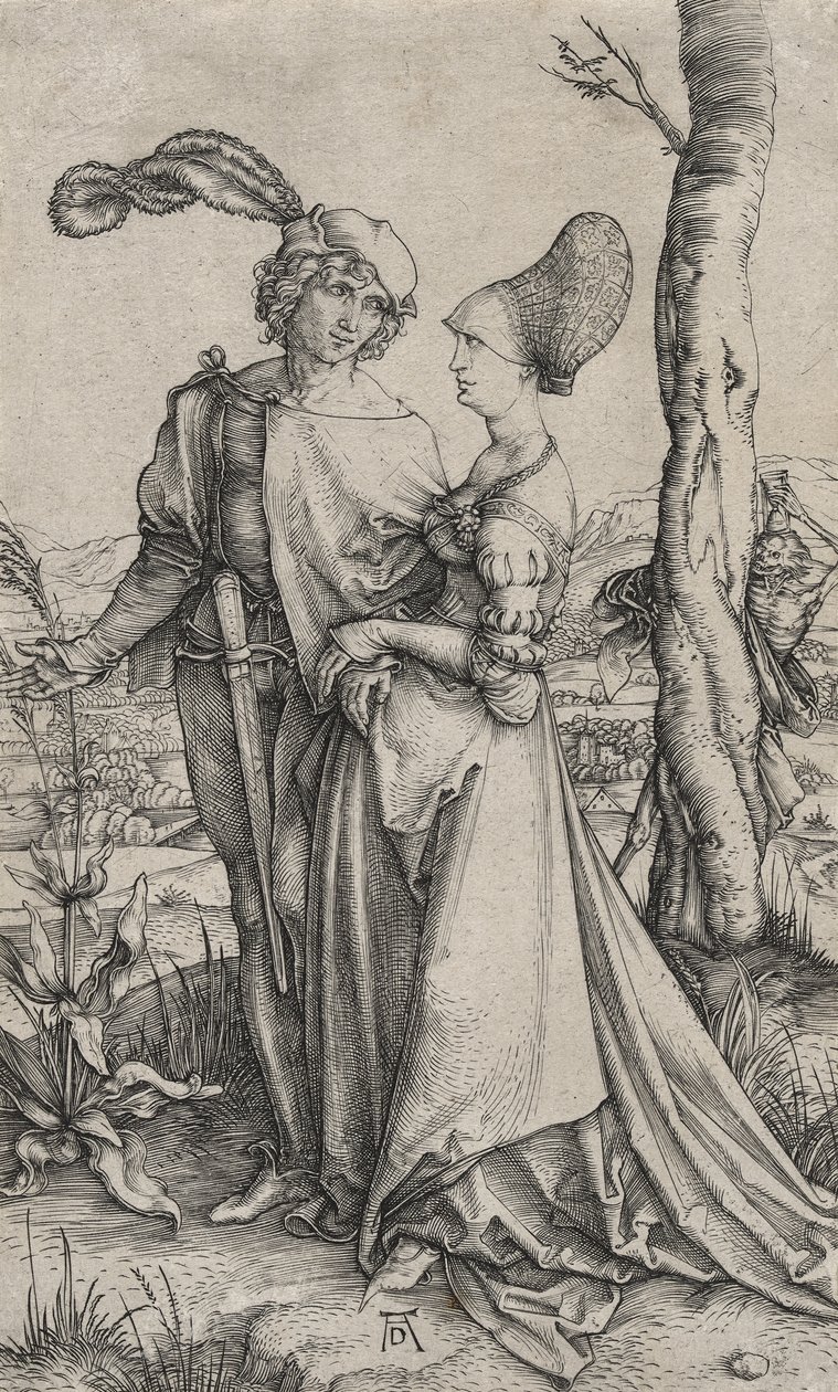 死亡威胁的长廊或年轻夫妇，c.1498（在纸上雕刻） 作者 阿尔布雷希特丢勒