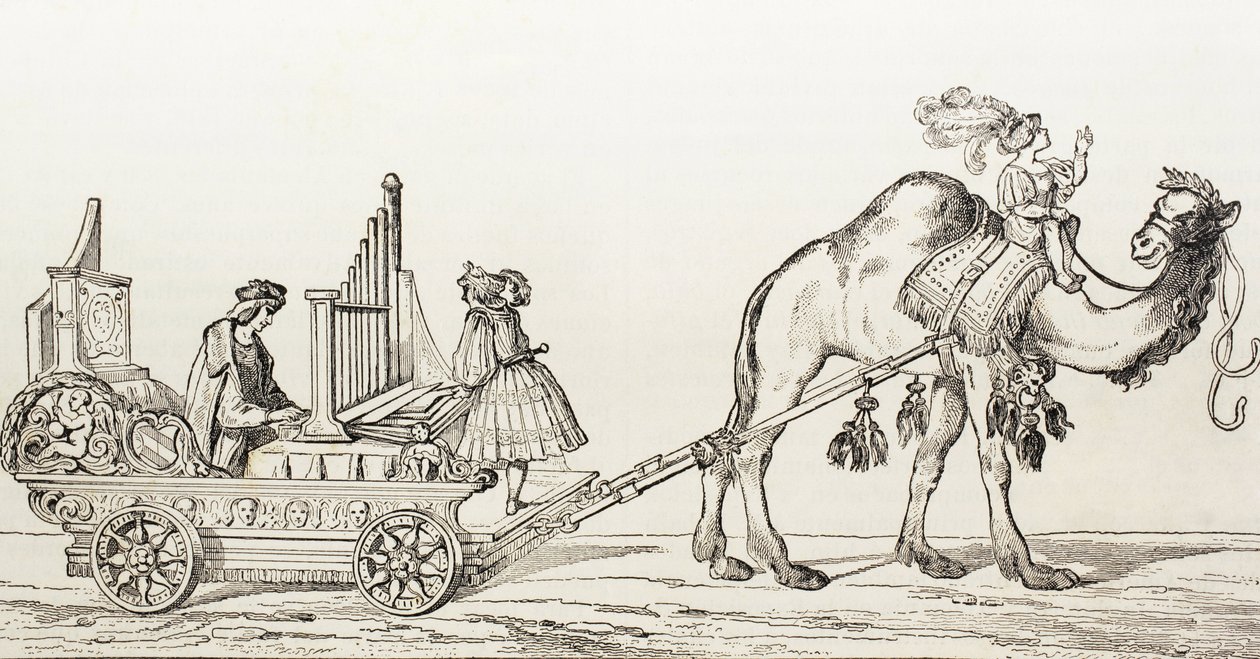 风琴师保罗-霍法纳在骆驼拉的马车上演奏，约1880年（雕版画）。 作者 Albrecht（之后）Durer或Duerer