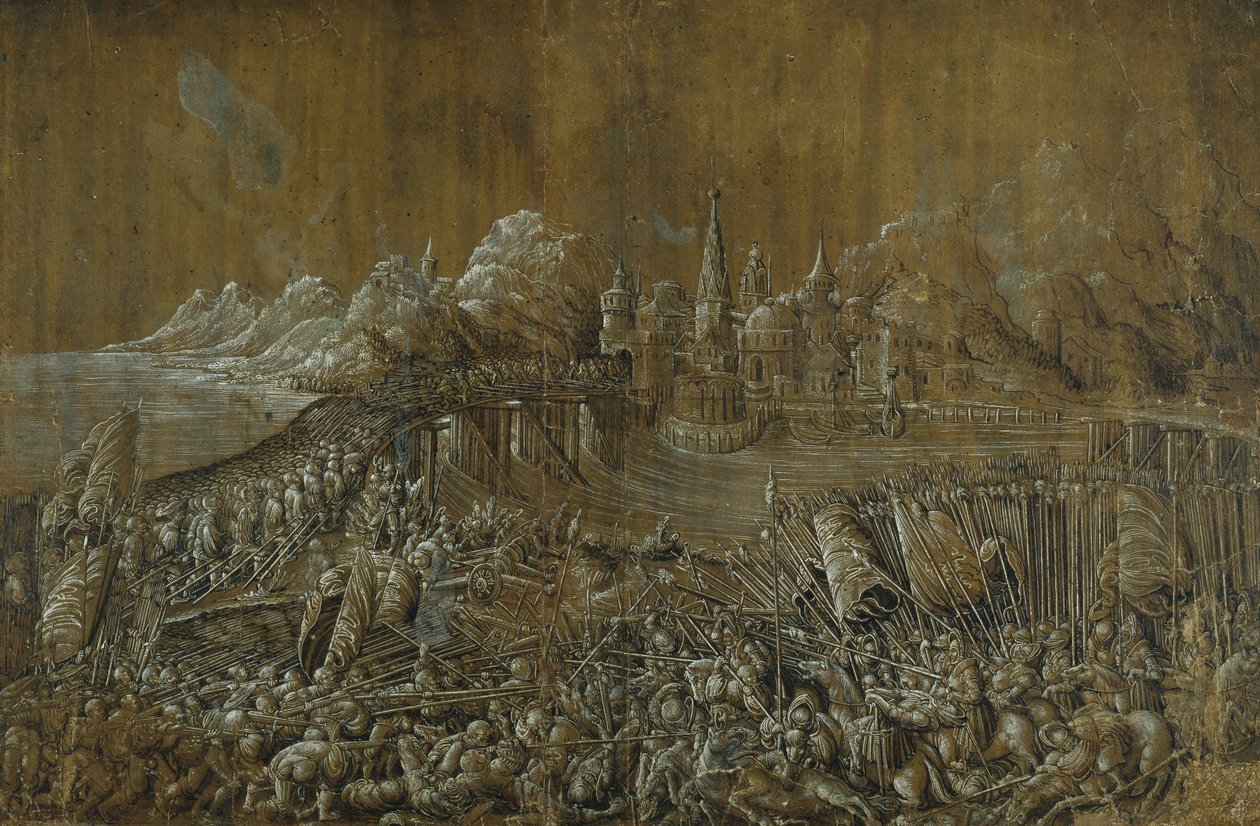 Landaknechten，桥上之战（纸上水粉笔墨）。 作者 阿尔布雷希特·阿尔特多夫（Albrecht Altdorfer）