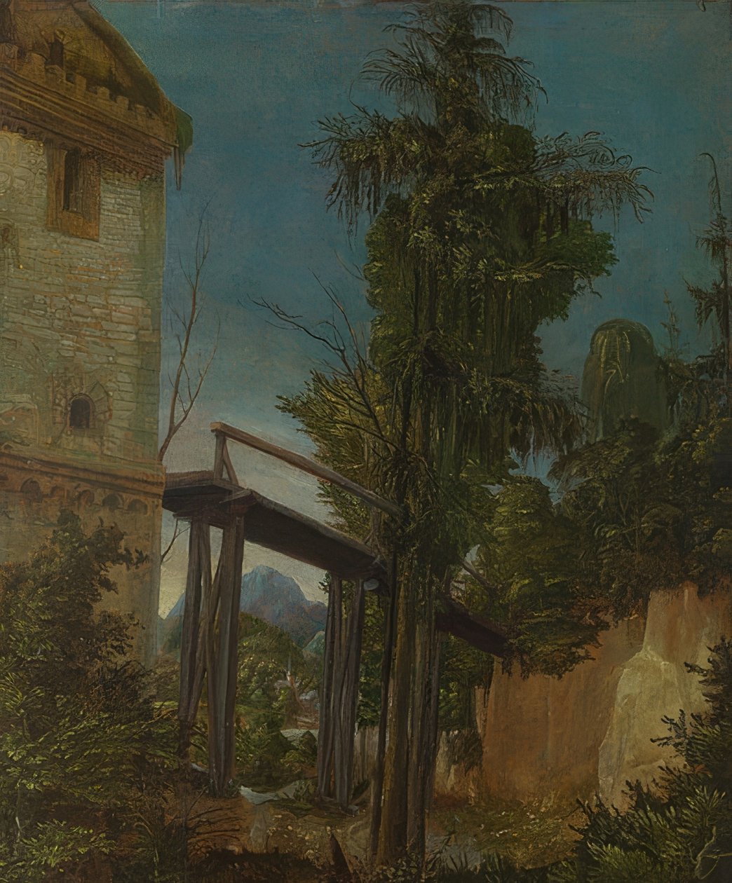 与人行桥的风景。约于1518-20年 作者 阿尔布雷希特·阿尔特多夫（Albrecht Altdorfer）