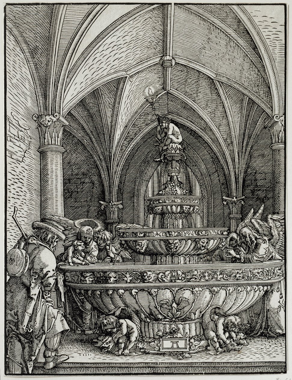 圣家族有喷泉。德国人Albrecht Altdorfer（1480-1538）的雕刻作品。卢浮宫博物馆 作者 阿尔布雷希特·阿尔特多夫（Albrecht Altdorfer）