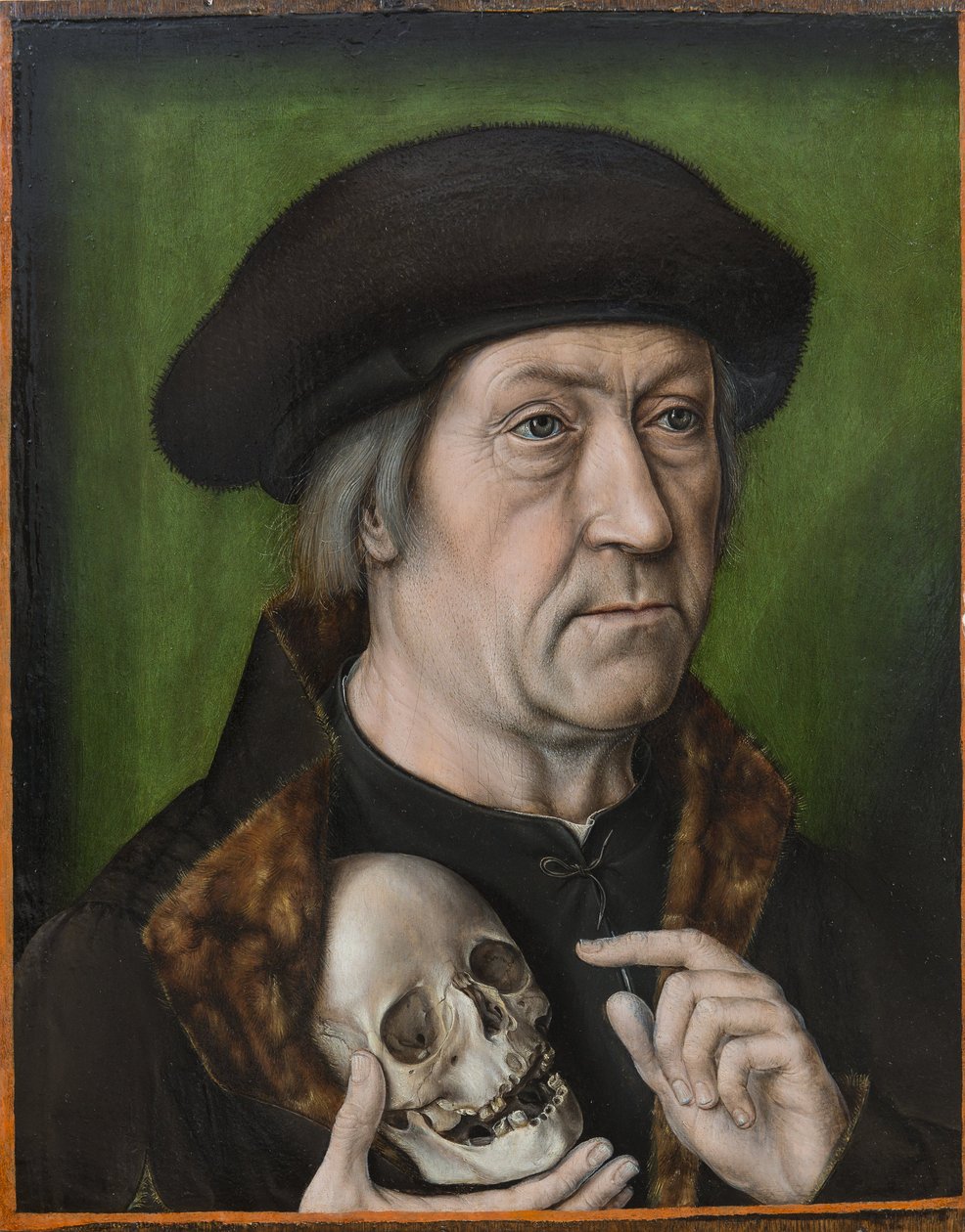 Autoportrait avec un crane - 带骷髅的自画像，作者 Bouts, Aelbrecht (Albert) (1451/54-1549)。木板油画，约 1520 年。尺寸：42.6x33 厘米。锡比乌布鲁肯塔尔国家博物馆 作者 阿尔布雷希特·布特斯