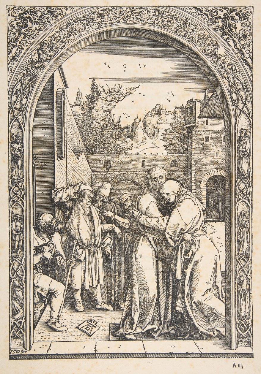 约阿希姆（Joachim）和安娜（Anna）在《金门大桥》上，摘自《处女的生活》， 1504。 作者 阿尔布雷希特丢勒