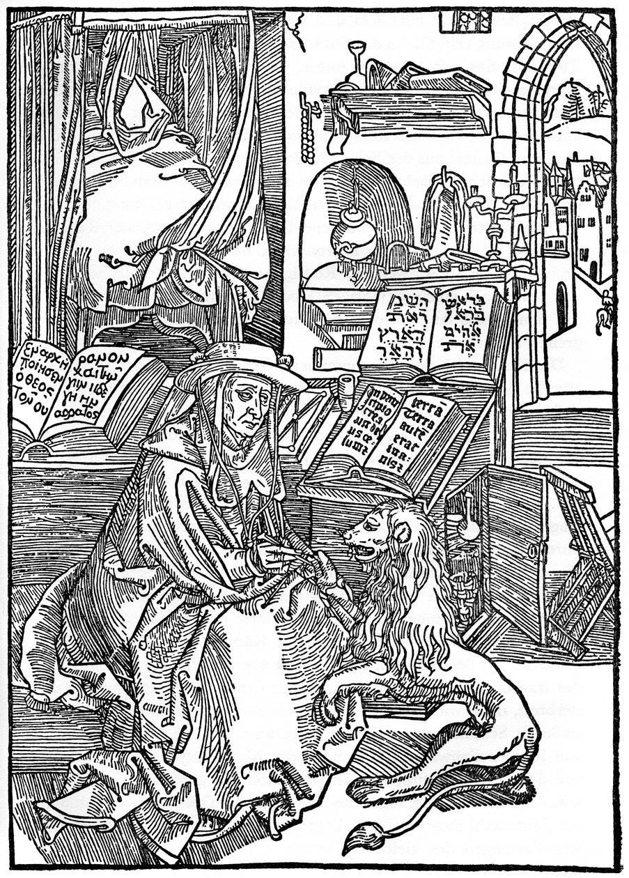 圣杰罗姆（St Jerome）在研究中从狮子的爪子中拔出刺，1492年，1936年 作者 阿尔布雷希特丢勒