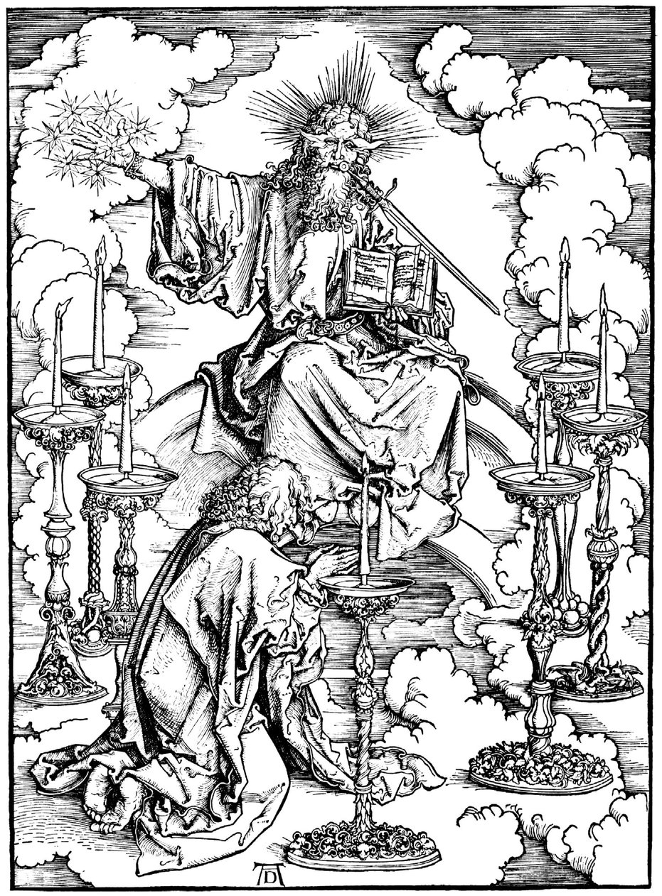 圣约翰对基督的异象和启示录中的七个烛台，c。 1497 作者 阿尔布雷希特丢勒