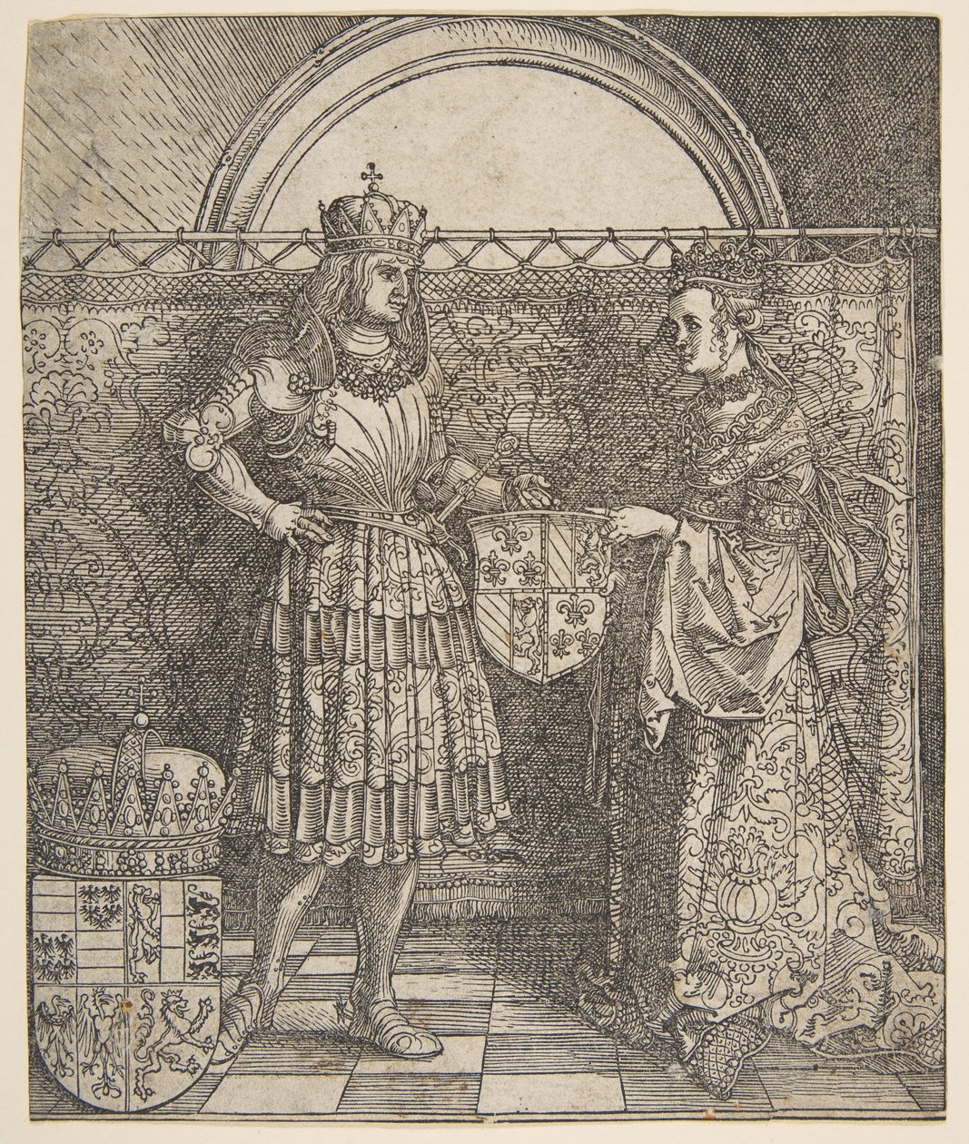 1515年，马克西米利安一世皇帝凯旋门下的勃艮第玛丽的订婚。 作者 阿尔布雷希特丢勒
